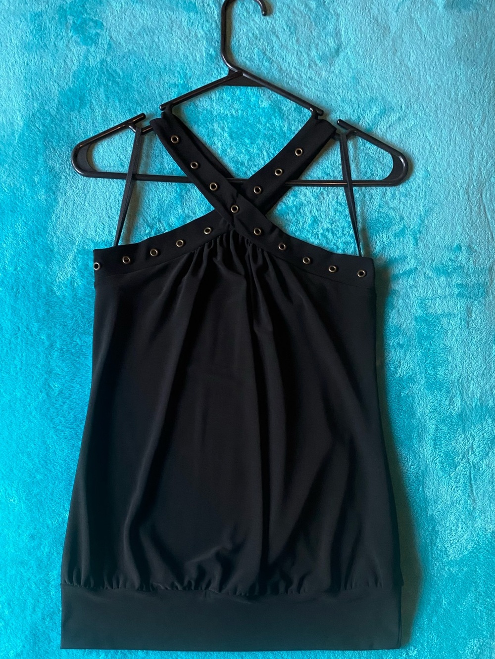 Black Criss Cross Neck Halter Top With Eyelet Details. Casual Summer Blouse 😍